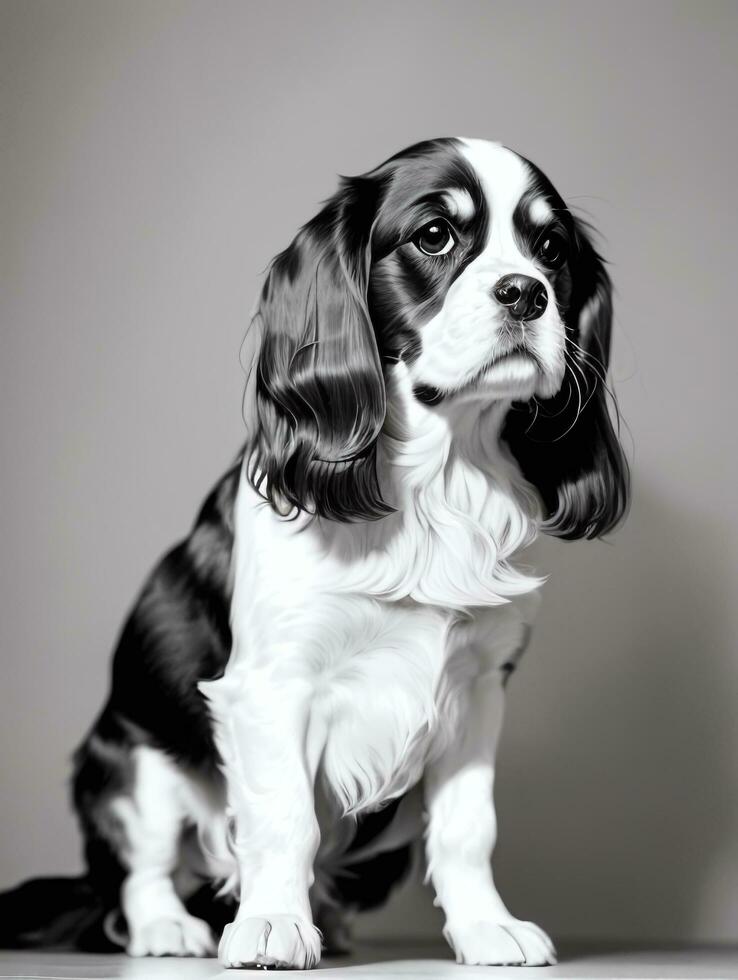 gelukkig cavalier koning Charles spaniel hond zwart en wit monochroom foto in studio verlichting