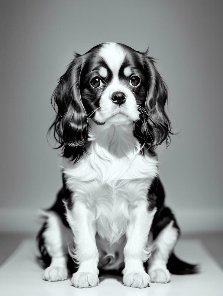 gelukkig cavalier koning Charles spaniel hond zwart en wit monochroom foto in studio verlichting