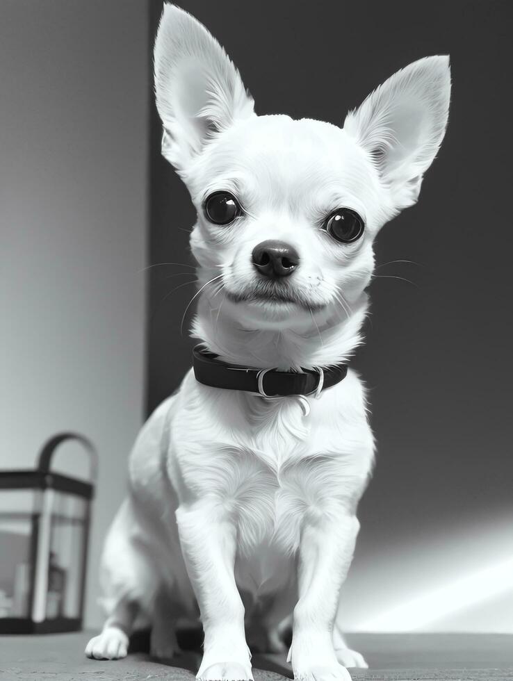 gelukkig chihuahua hond zwart en wit monochroom foto in studio verlichting