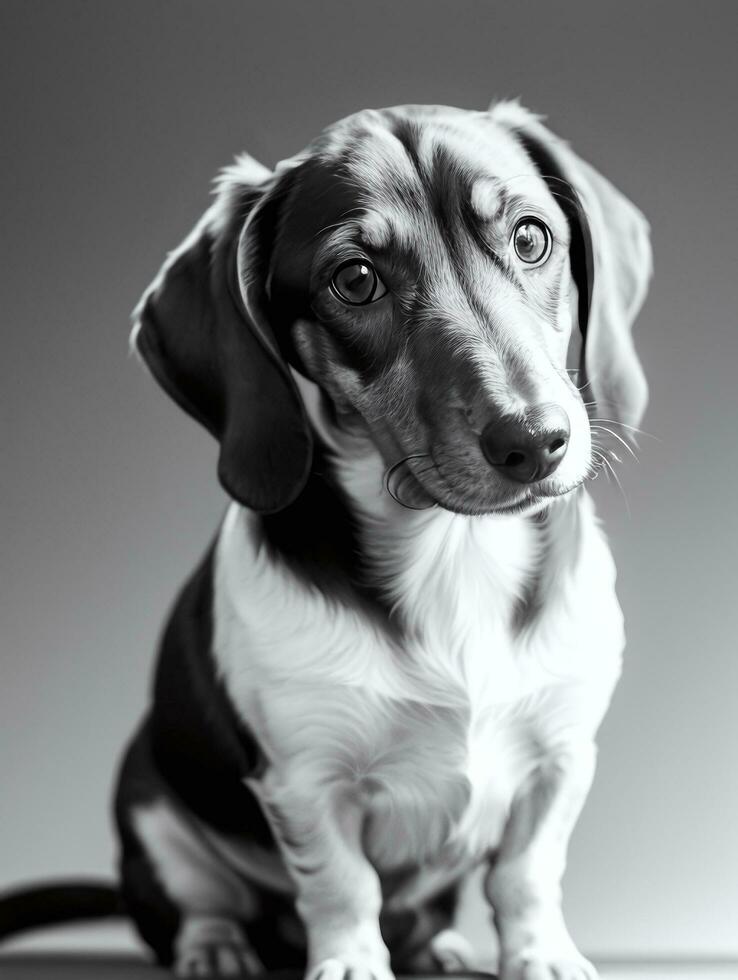 gelukkig teckel hond zwart en wit monochroom foto in studio verlichting