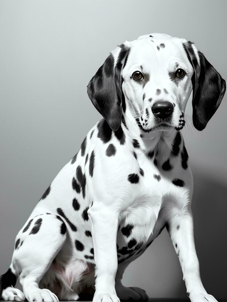 gelukkig dalmatiër hond zwart en wit monochroom foto in studio verlichting