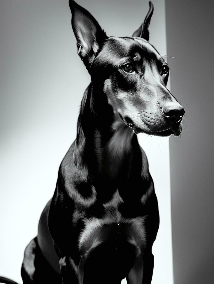 gelukkig doberman pinscher hond zwart en wit monochroom foto in studio verlichting