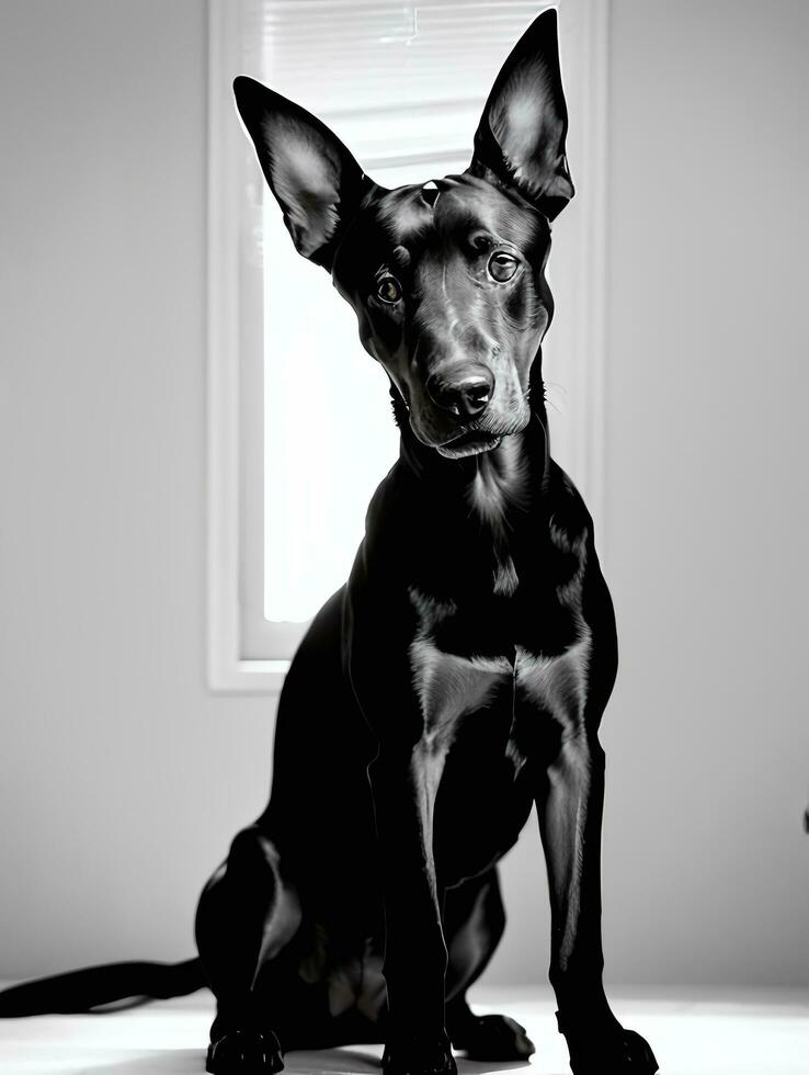 gelukkig doberman pinscher hond zwart en wit monochroom foto in studio verlichting