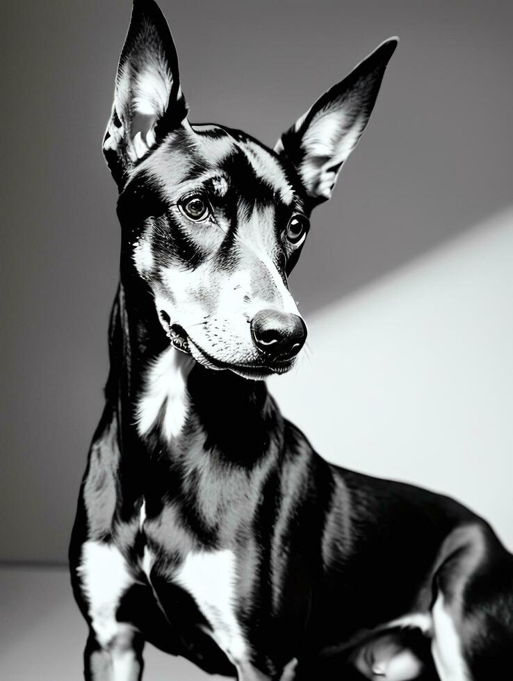 gelukkig doberman pinscher hond zwart en wit monochroom foto in studio verlichting