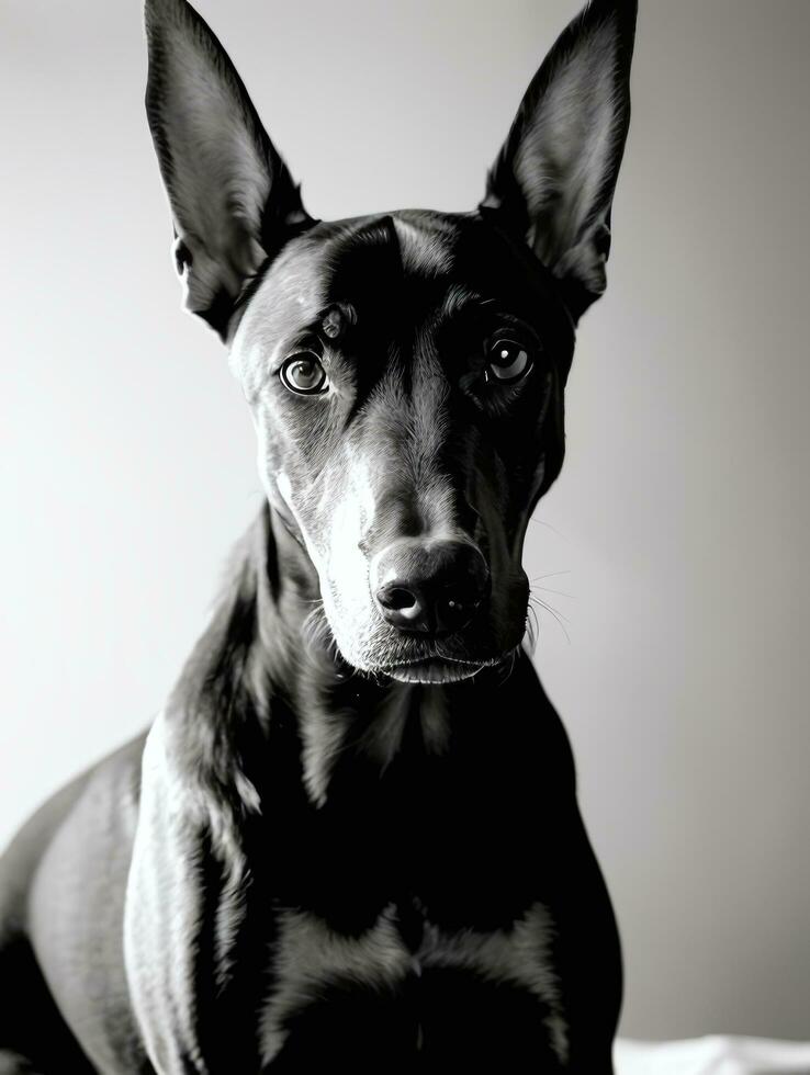 gelukkig doberman pinscher hond zwart en wit monochroom foto in studio verlichting