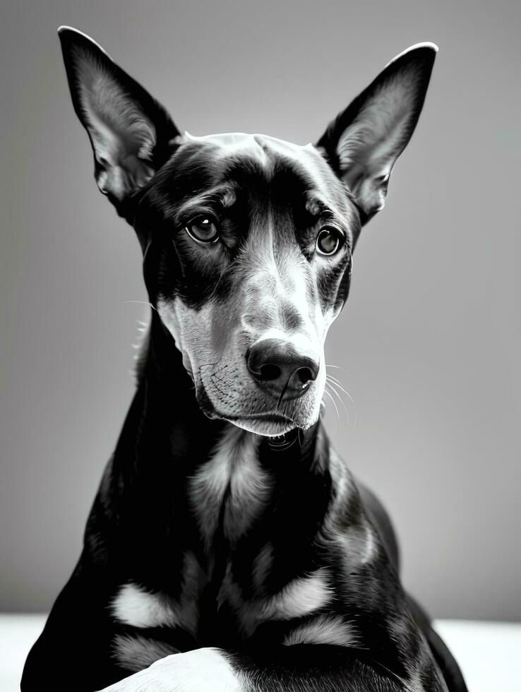 gelukkig doberman pinscher hond zwart en wit monochroom foto in studio verlichting