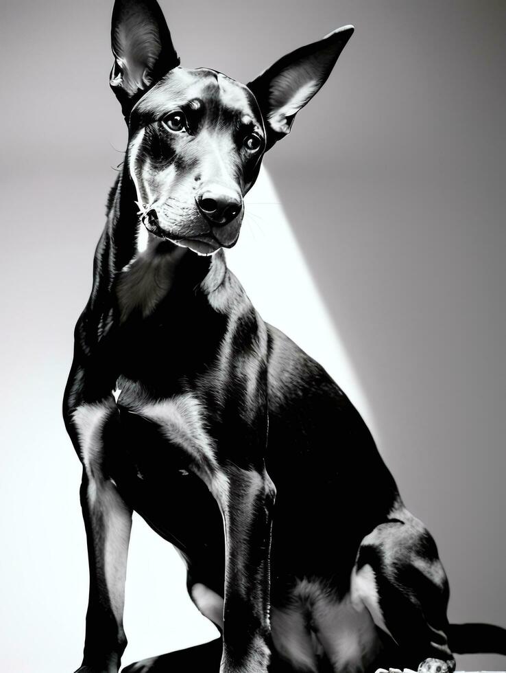 gelukkig doberman pinscher hond zwart en wit monochroom foto in studio verlichting