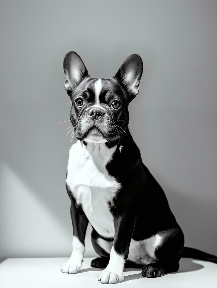 gelukkig Frans bulldog zwart en wit monochroom foto in studio verlichting