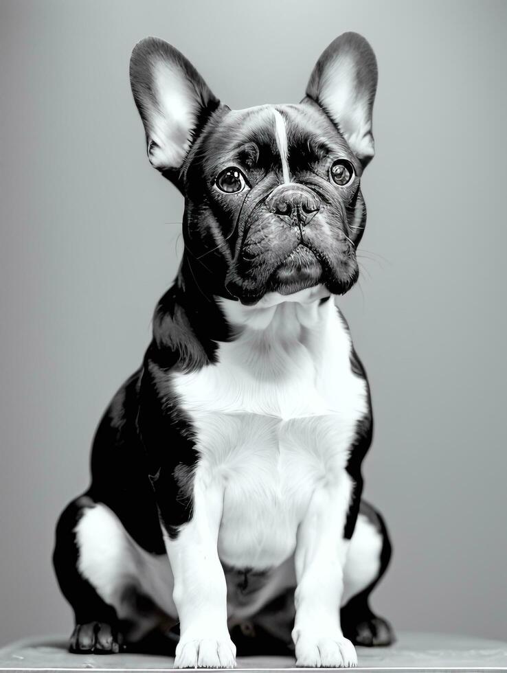 gelukkig Frans bulldog zwart en wit monochroom foto in studio verlichting