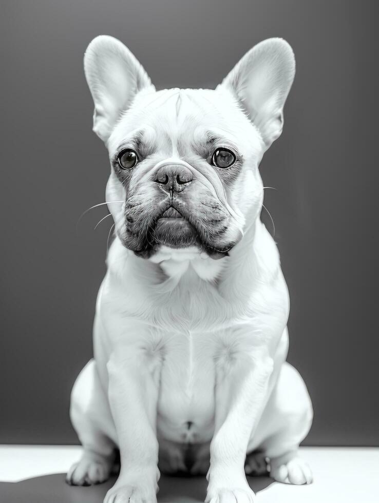 gelukkig Frans bulldog zwart en wit monochroom foto in studio verlichting