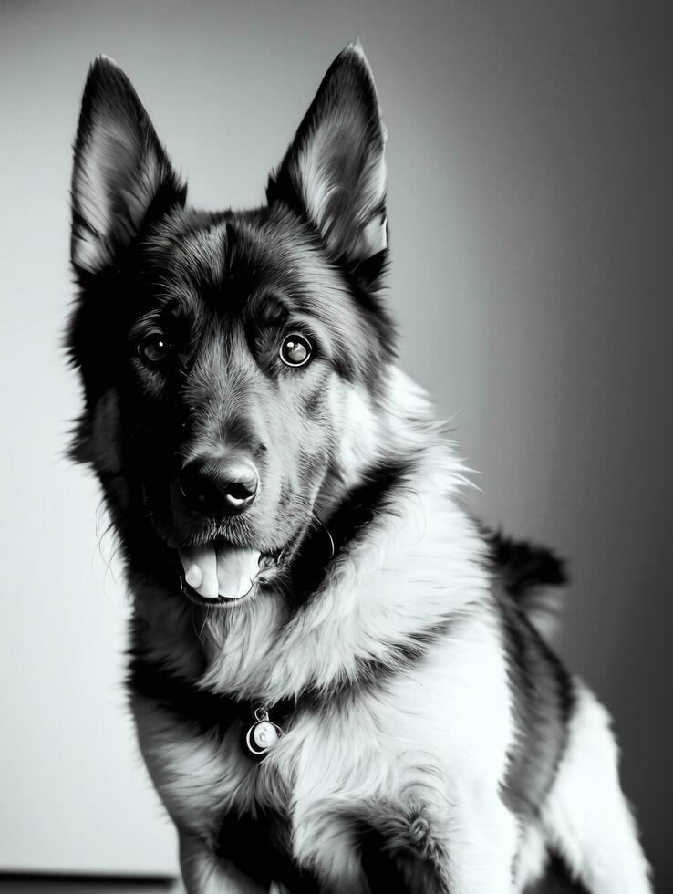 gelukkig Duitse herder hond zwart en wit monochroom foto in studio verlichting