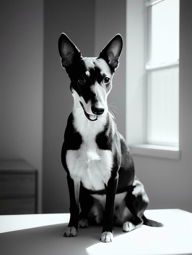 gelukkig windhond hond zwart en wit monochroom foto in studio verlichting