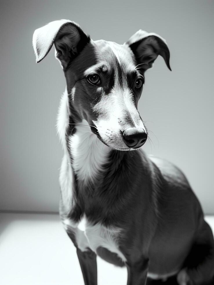 gelukkig windhond hond zwart en wit monochroom foto in studio verlichting