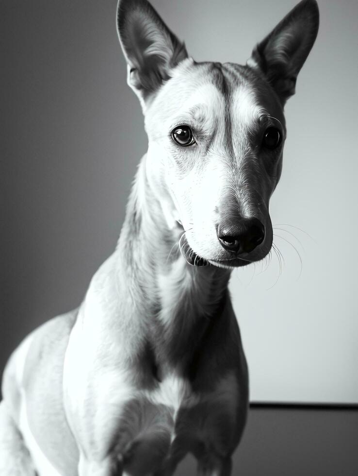 gelukkig windhond hond zwart en wit monochroom foto in studio verlichting