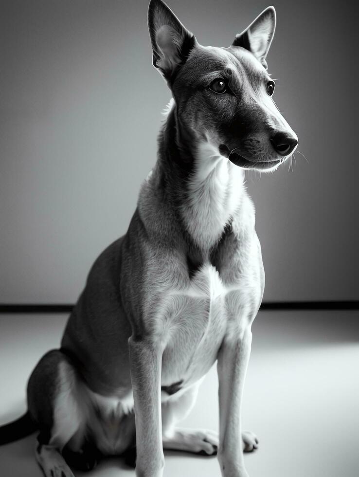 gelukkig windhond hond zwart en wit monochroom foto in studio verlichting