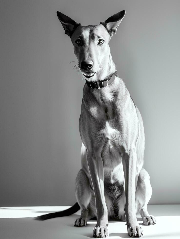 gelukkig windhond hond zwart en wit monochroom foto in studio verlichting