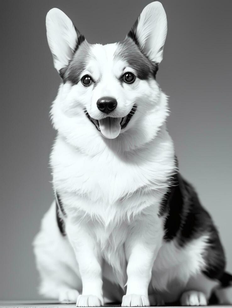 gelukkig pembroke welsh corgi hond zwart en wit monochroom foto in studio verlichting