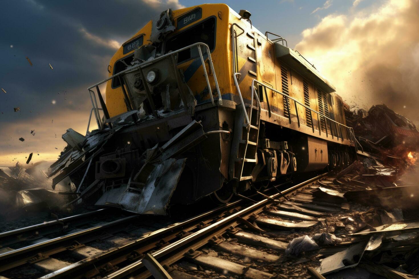 trein wrak in de rook Bij zonsondergang. 3d weergave. computer digitaal tekening, echt het spoor ongeluk, ai gegenereerd foto