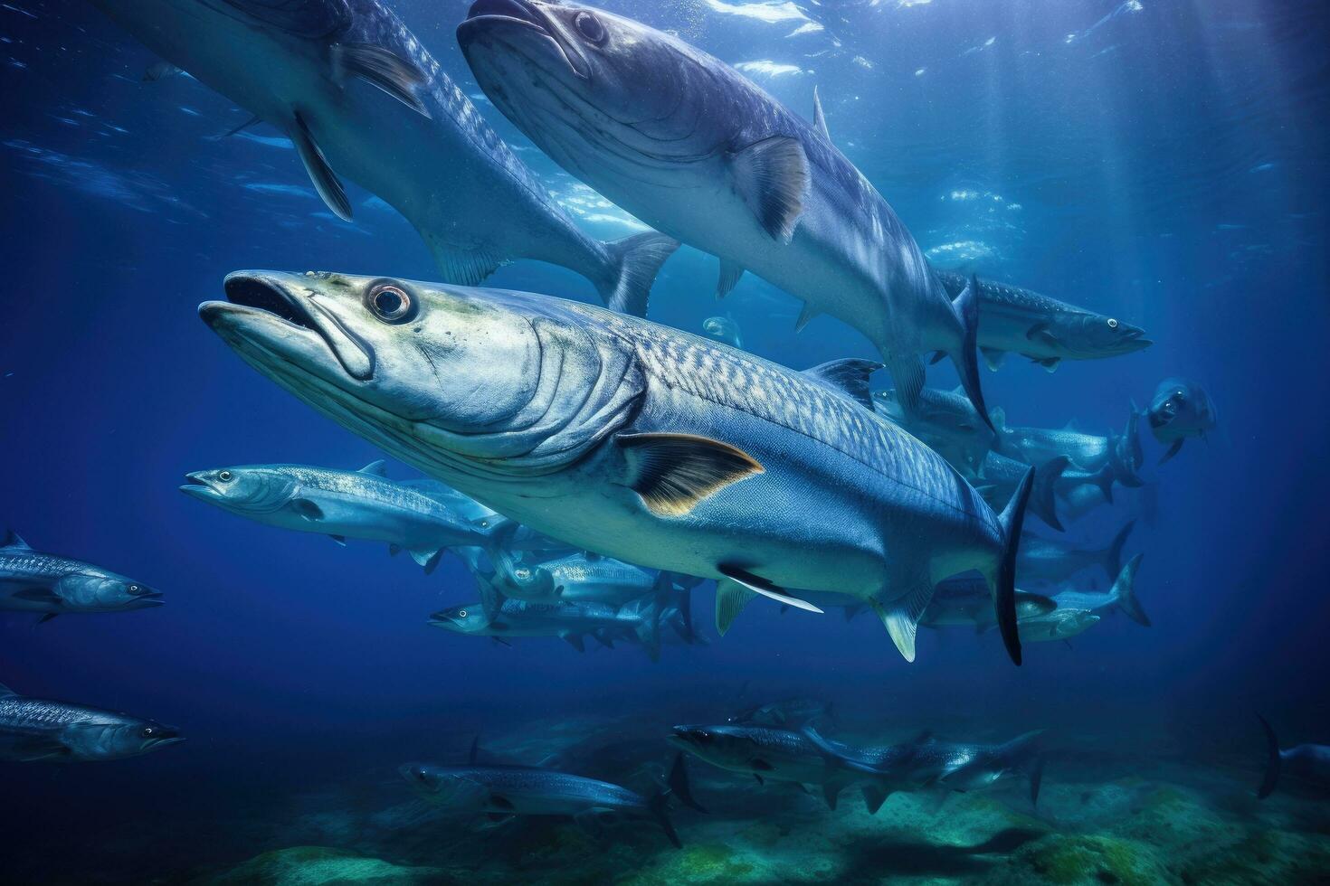 barracuda zwemmen in diep blauw oceaan met vis in achtergrond, school- van barracuda in de rood zee. Egypte. Afrika, ai gegenereerd foto