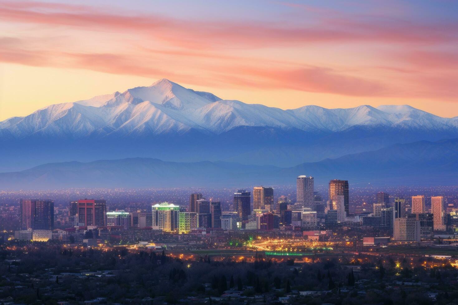 denver horizon Bij zonsondergang, Colorado, Verenigde staten van Amerika, Santiago Chili stadsgezicht, ai gegenereerd foto