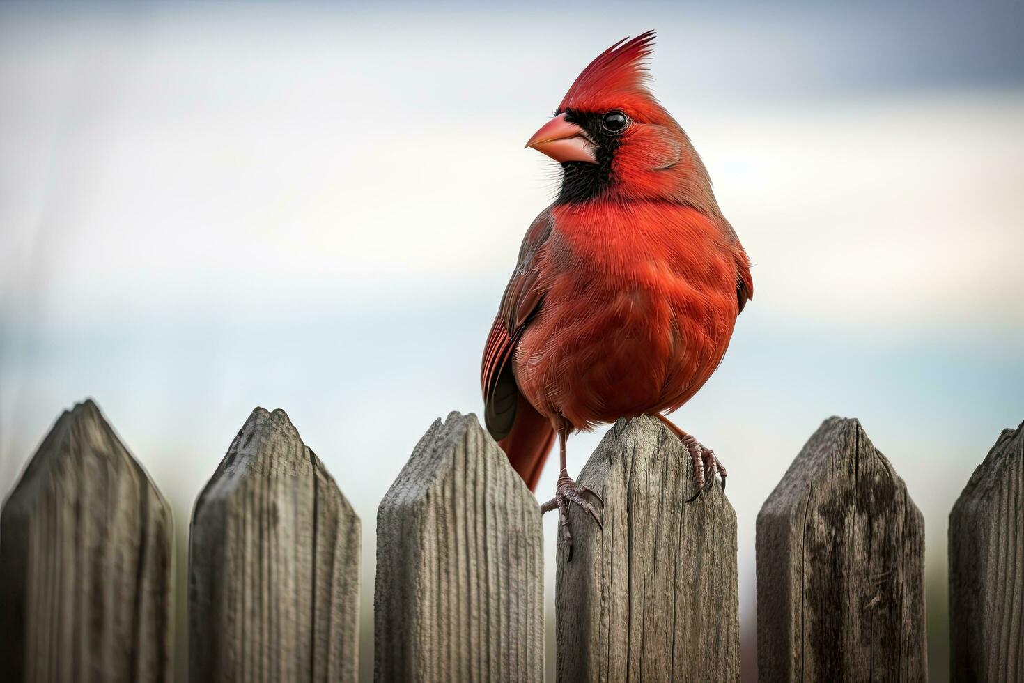 mannetje noordelijk kardinaal cardinalis cardinalis neergestreken Aan een houten schutting, rood vogel Leuk vinden een kardinaal zittend Aan een schutting, ai gegenereerd foto