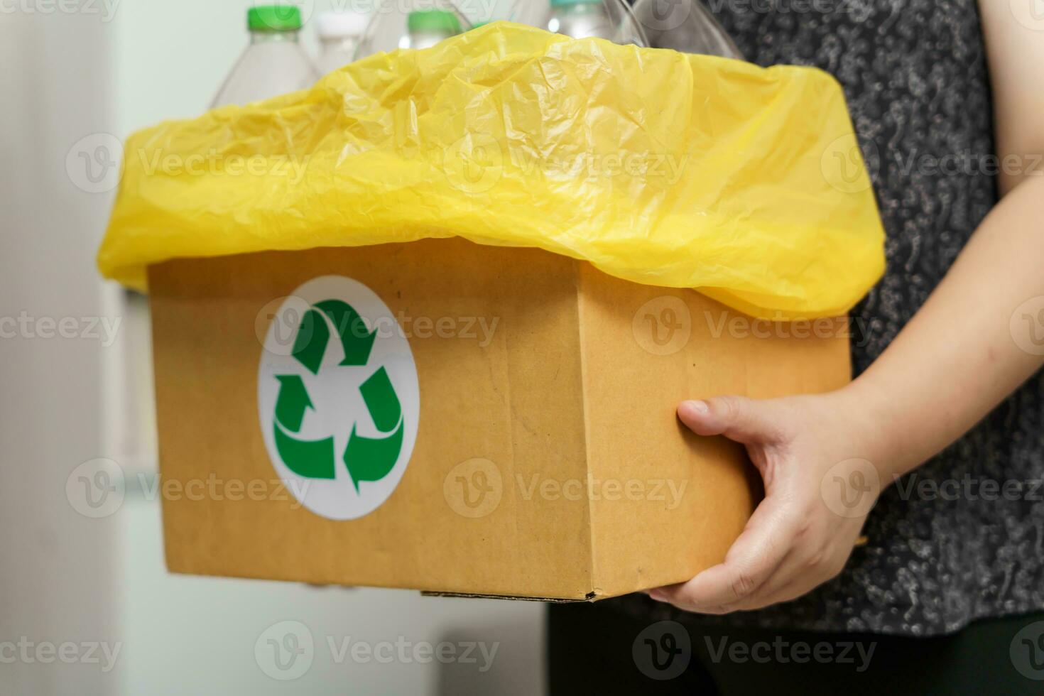 huis recycle eco groen nul concept vrouw het werpen leeg plastic fles in recycling bak met geel vuilnis Tassen Bij huis. foto