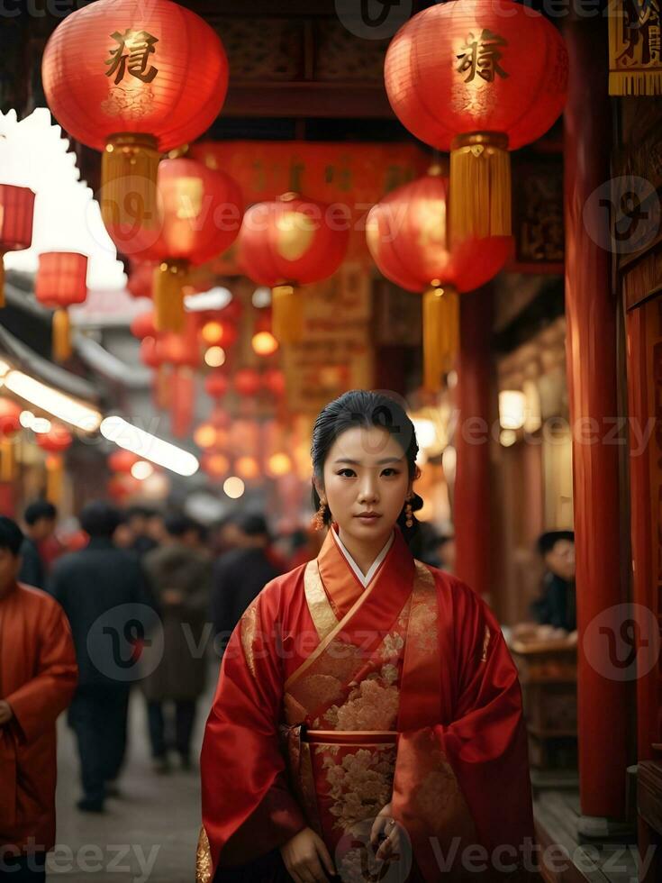 Aziatisch vrouw in rood jurk cheongsam in tempel voor Chinese nieuw jaar. foto