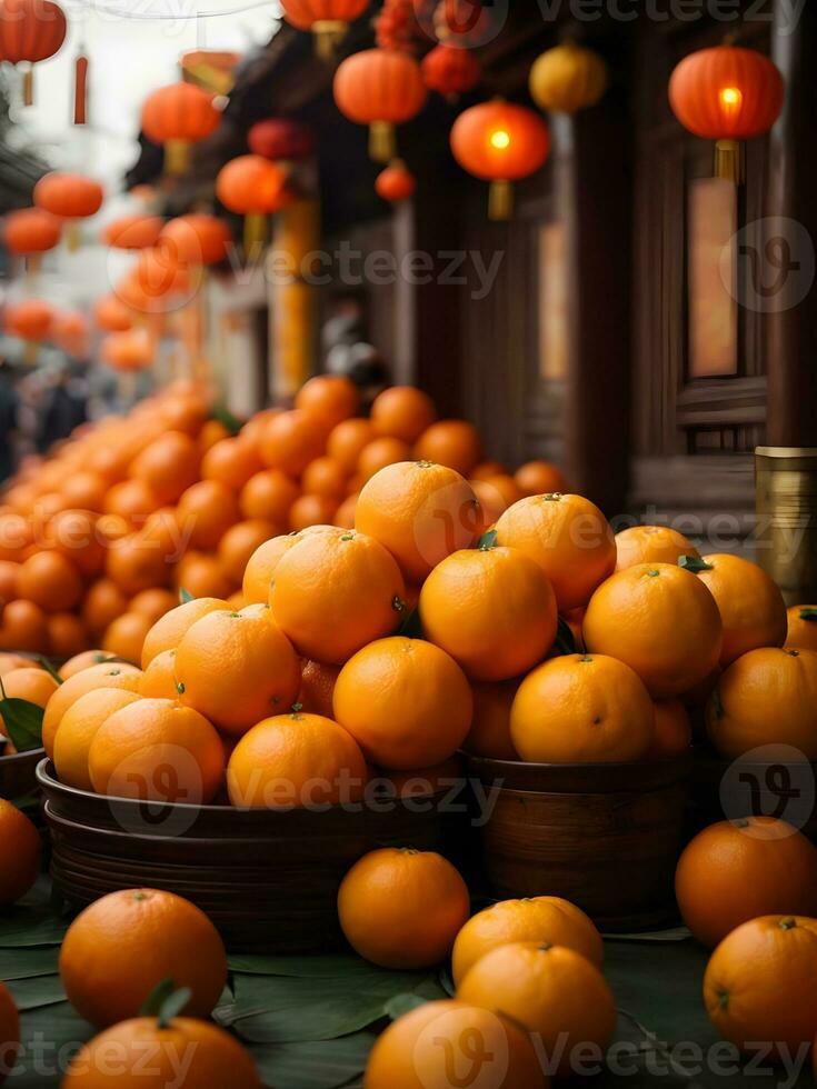 sinaasappels maken aanbiedingen naar de geesten, Chinese nieuw jaar foto