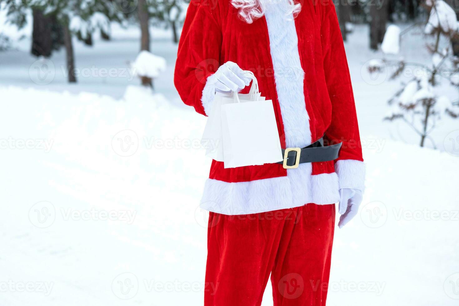 de kerstman claus buitenshuis in winter en sneeuw overhandigen in hand- papier Tassen met ambacht geschenk, voedsel levering. winkelen, verpakking recyclen, handgemaakt, levering voor Kerstmis en nieuw jaar foto