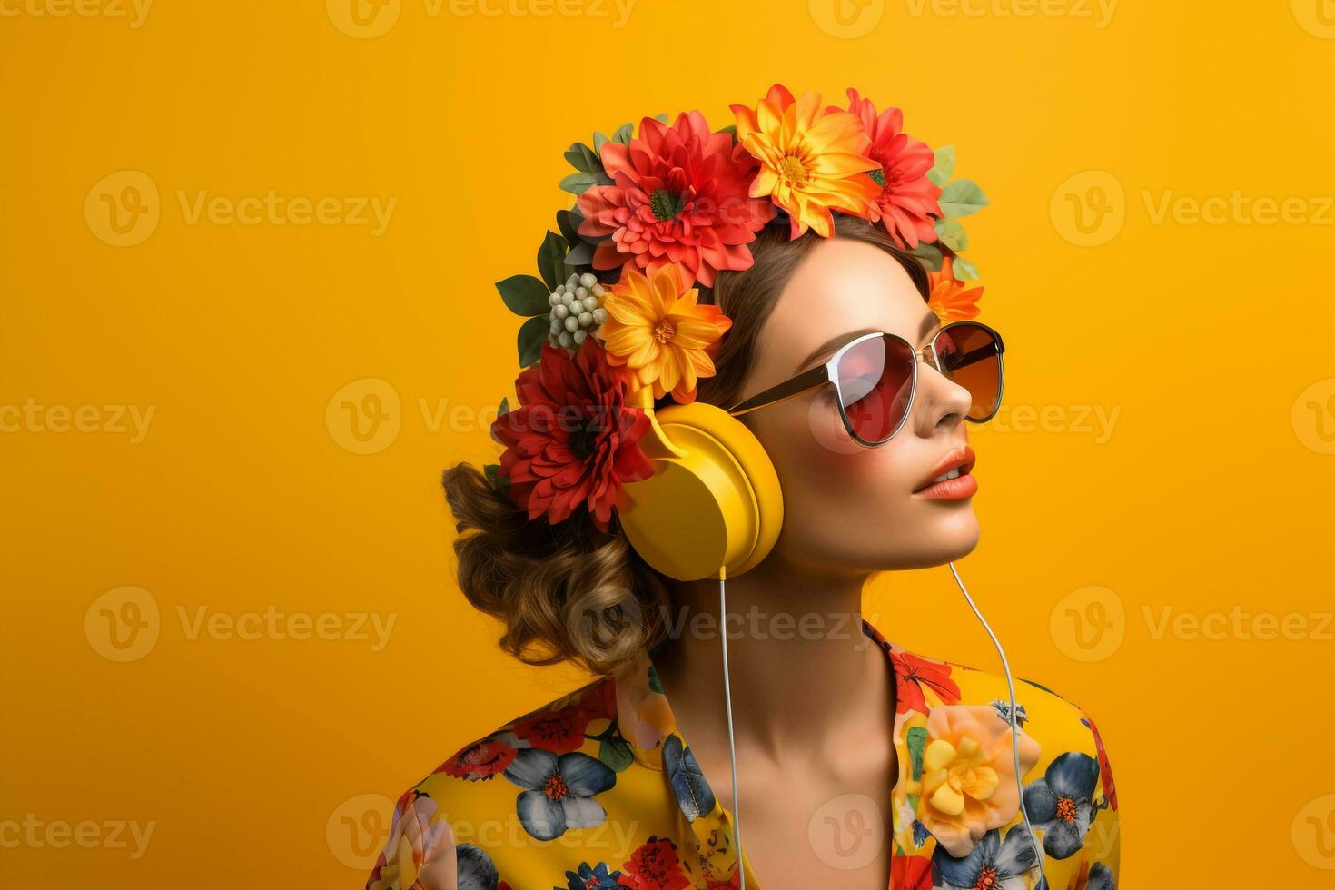 een vrouw met hoofdtelefoons en geel achtergrond foto