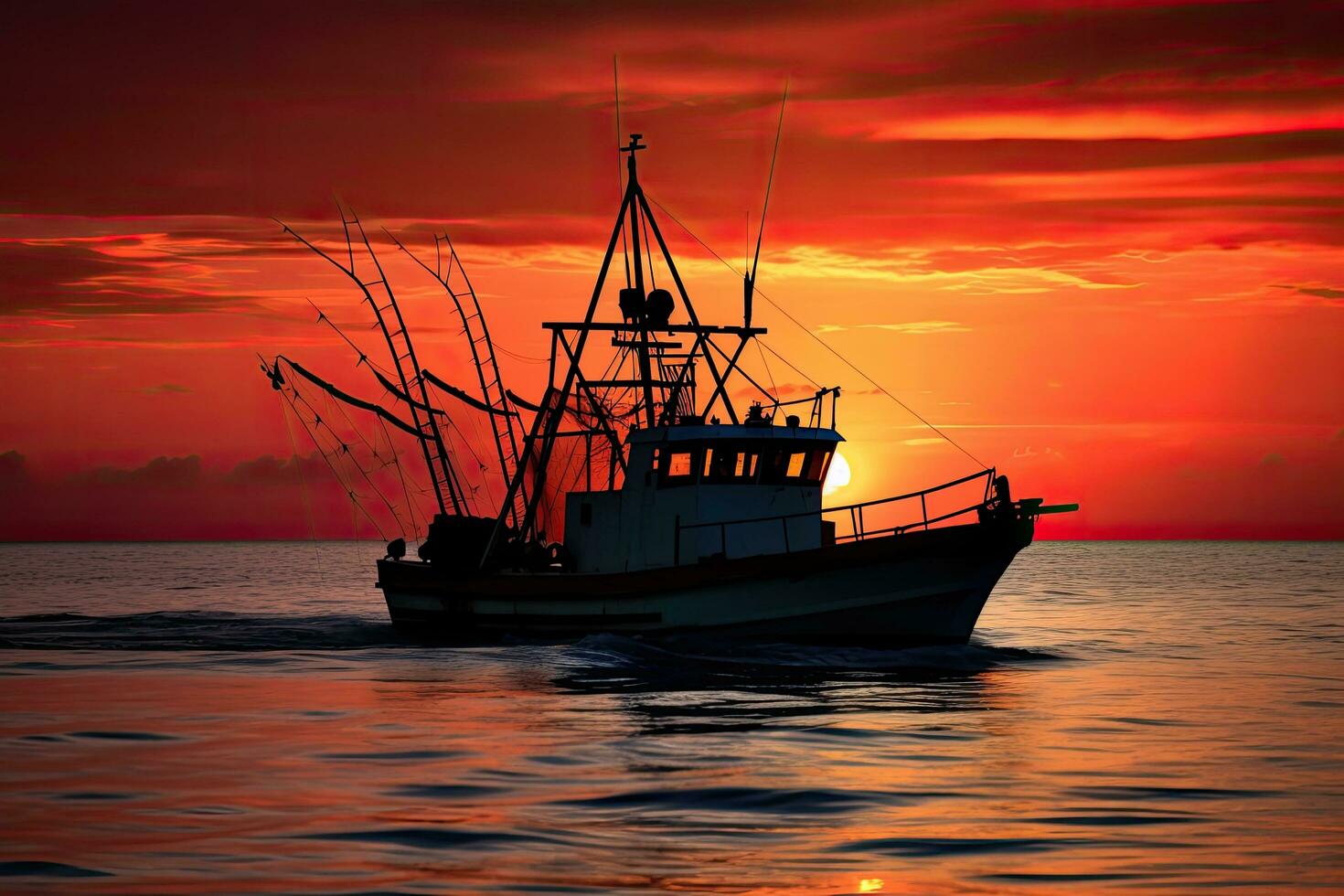 visvangst boot Bij zonsondergang Aan de zee met mooi lucht achtergrond, silhouet van een diepe zee visvangst boot gedurende zonsondergang, ai gegenereerd foto