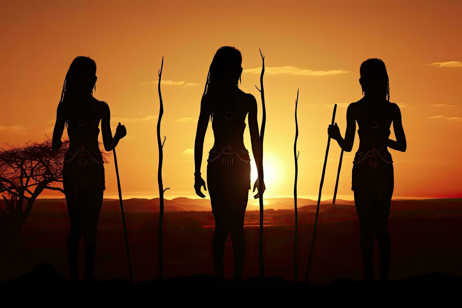 silhouet van een vrouw met speer in de woestijn Bij zonsondergang, silhouetten van Afrikaanse aboriginals Bij zonsondergang. vrouw stam leden in woestijn landschap, ai gegenereerd foto