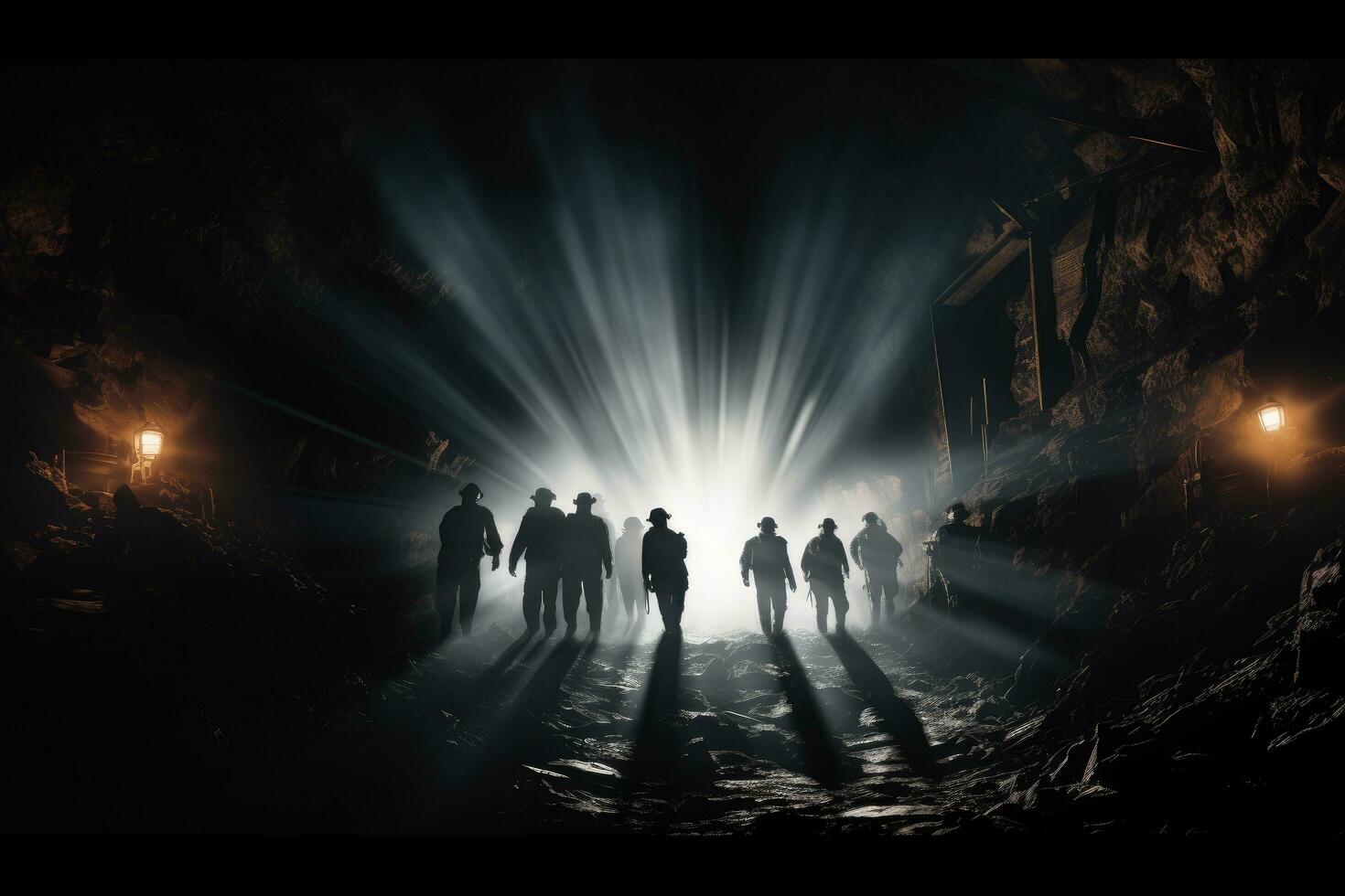 silhouet van een groep van zombies Bij nacht in de donker. halloween concept, silhouet van mijnwerkers met koplampen binnengaan ondergronds steenkool de mijne, ai gegenereerd foto