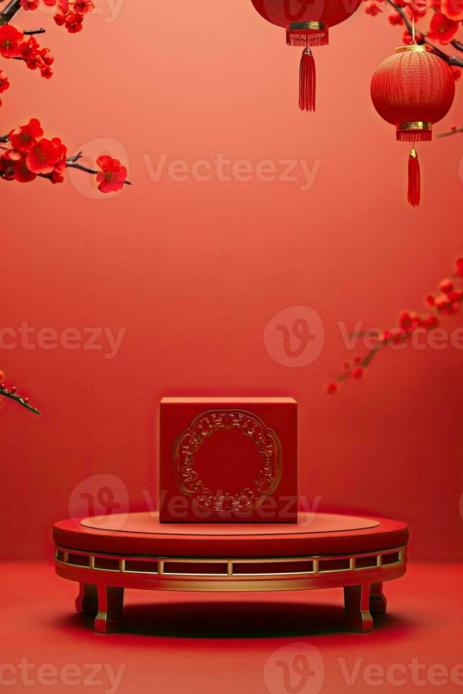 generatief ai, rood podium met lantaarn Chinese nieuw jaar en geschenk doos Product staan podium achtergrond voetstuk 3d foto