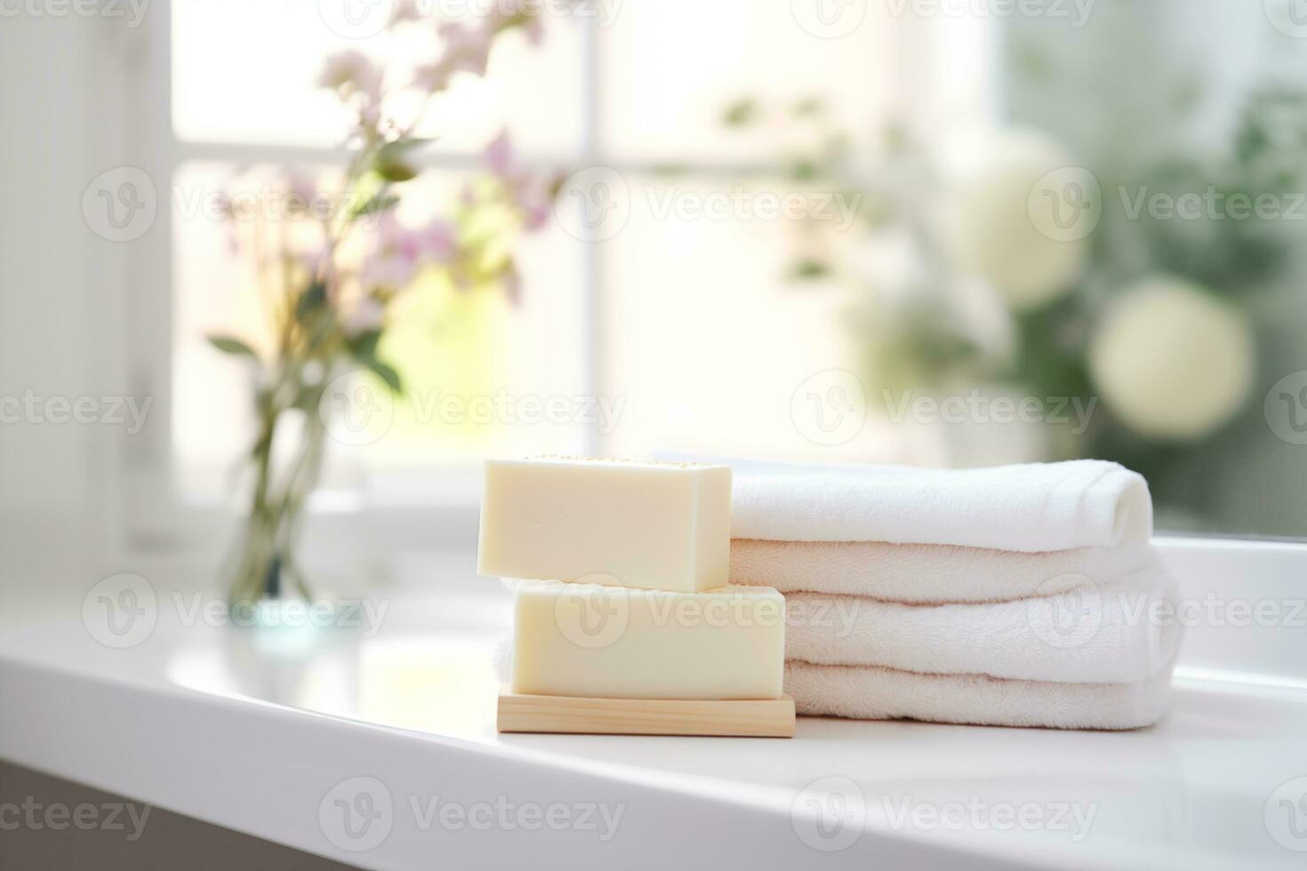 handgemaakt wit bar natuurlijk bio zeep en handdoeken Aan achtergrond van modern badkamer foto