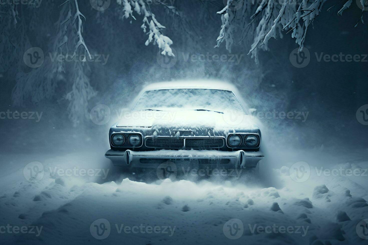 ai gegenereerd retro blauw auto staand in sneeuwbanken in een sneeuw storm tegen Woud winter weer foto