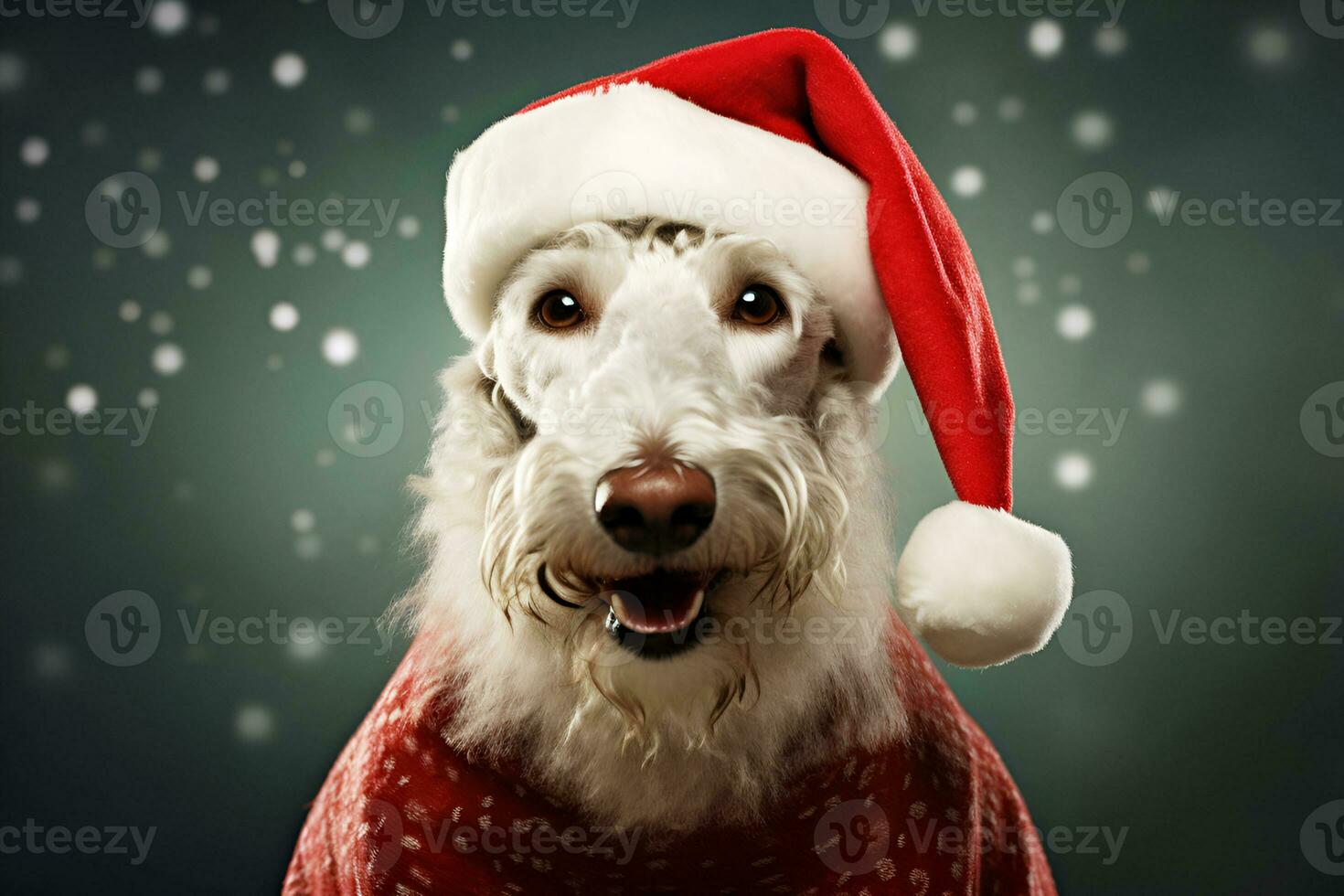 ai gegenereerd gelukkig grijs hond bedlington terriër whippet in de kerstman claus hoed en rood pak Aan besneeuwd achtergrond groet kaart nieuw jaar vakantie foto