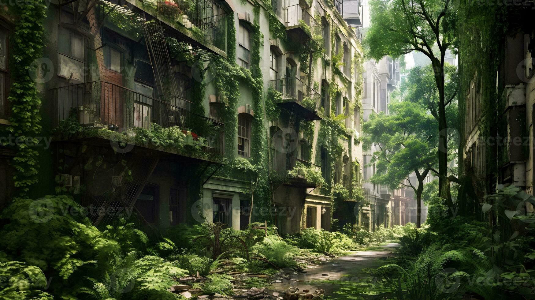 Manhattan oerwoud post-apocalyptisch stedelijk overgroei. generatief ai. foto