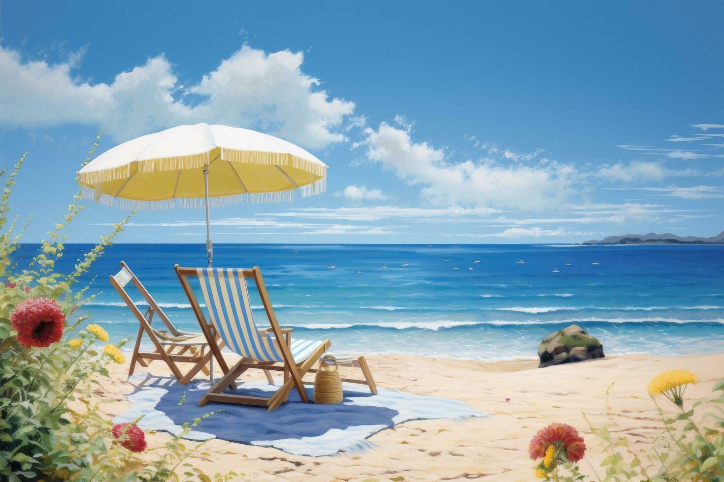 strand stoel met paraplu en bloemen Aan de strand tegen blauw lucht, zomer, zoon, strand ongedaan maken meer im Urlaub, ai gegenereerd foto