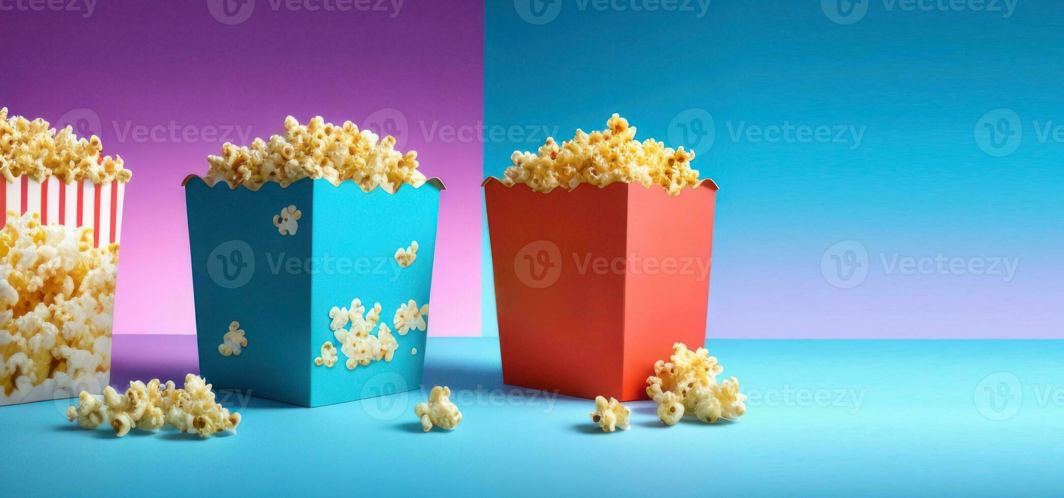 ai generatief, januari 19, nationaal popcorn dag in de Verenigde Staten van Amerika, kleurrijk popcorn dozen, banier foto