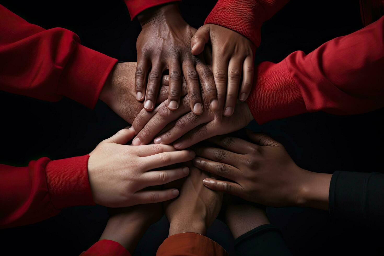 groep van verschillend jong mensen toetreden handen in een cirkel Aan zwart achtergrond, stack van handen tonen eenheid en teamwerk, ai gegenereerd foto