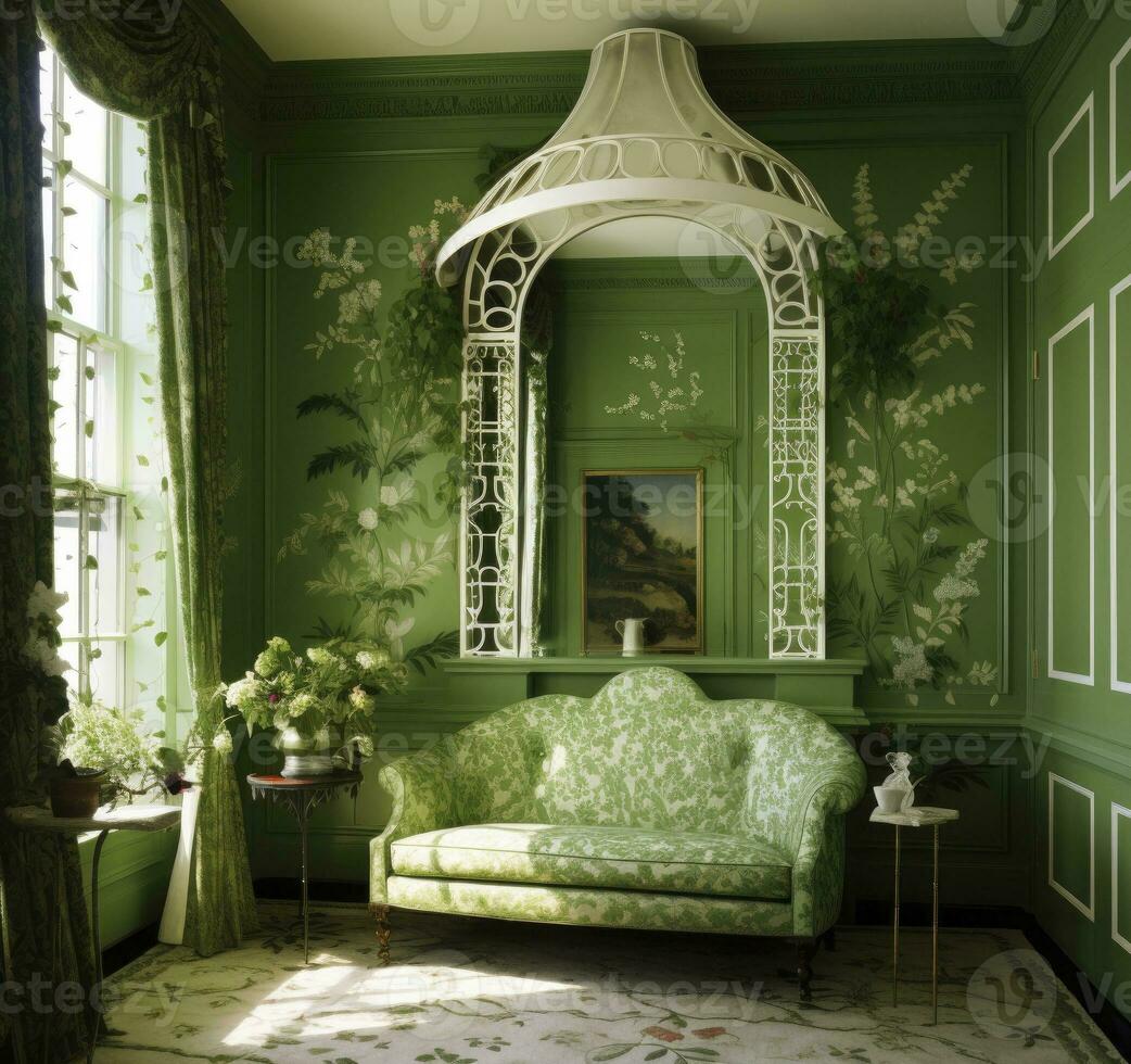 charmant kamer met groen bloemen behang. een verrukkelijk groen-thema interieur. ai gegenereerd foto