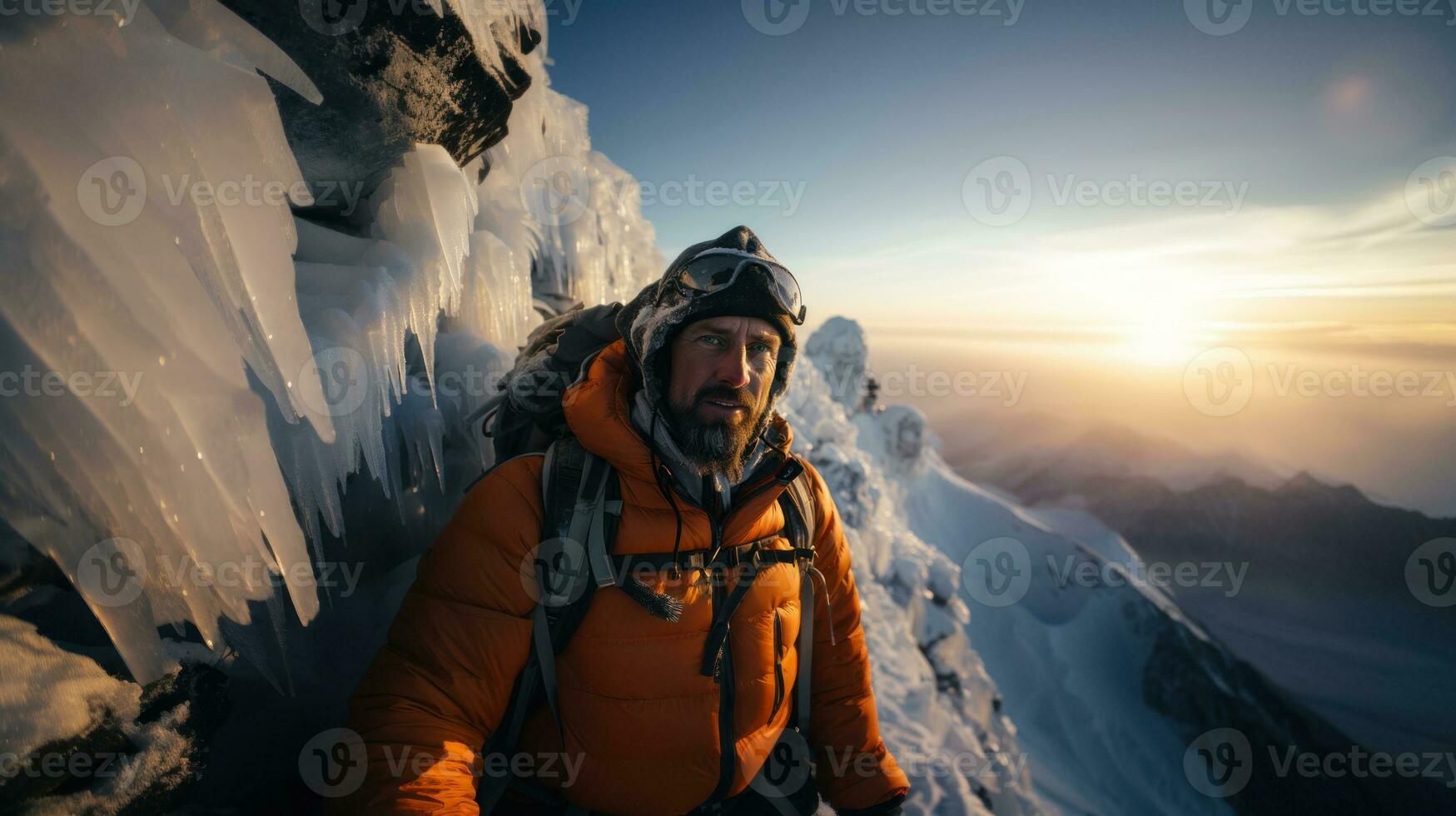 wandelaar beklimmen Aan de extreem top van een berg in de winter Bij zonsondergang. foto
