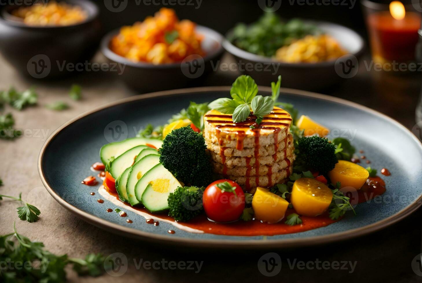 ai generatief voedsel fotografie, kleurrijk veganistisch schotel perfect geregeld en geserveerd Bij veganistisch restaurant, foto