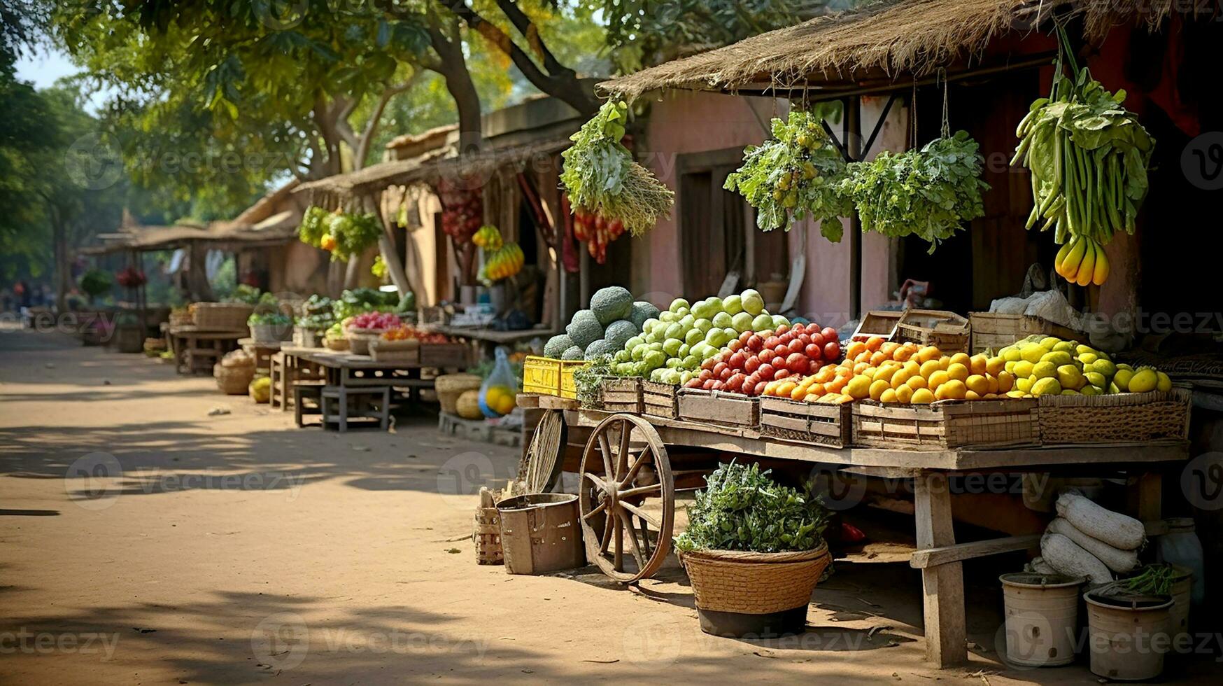 traditioneel groente en fruit kraam. klein winkel in de dorp verkoop fruit en groenten. generatief ai foto