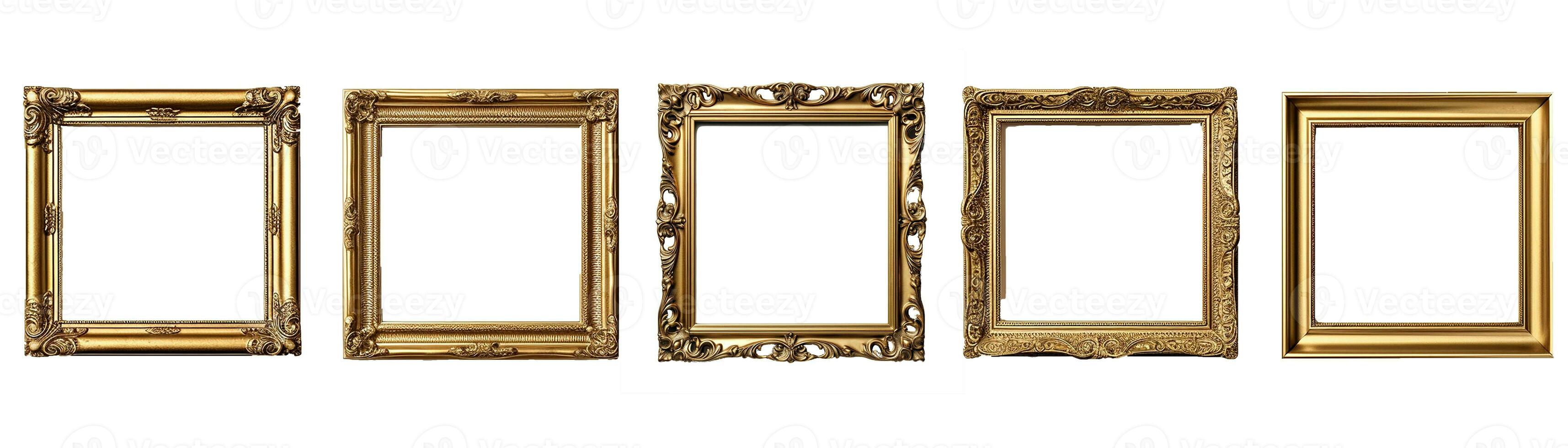 verzameling van voorkant visie antiek plein gouden afbeelding kader. foto van oude wijnoogst spiegel kader. geïsoleerd Aan wit achtergrond. generatief ai