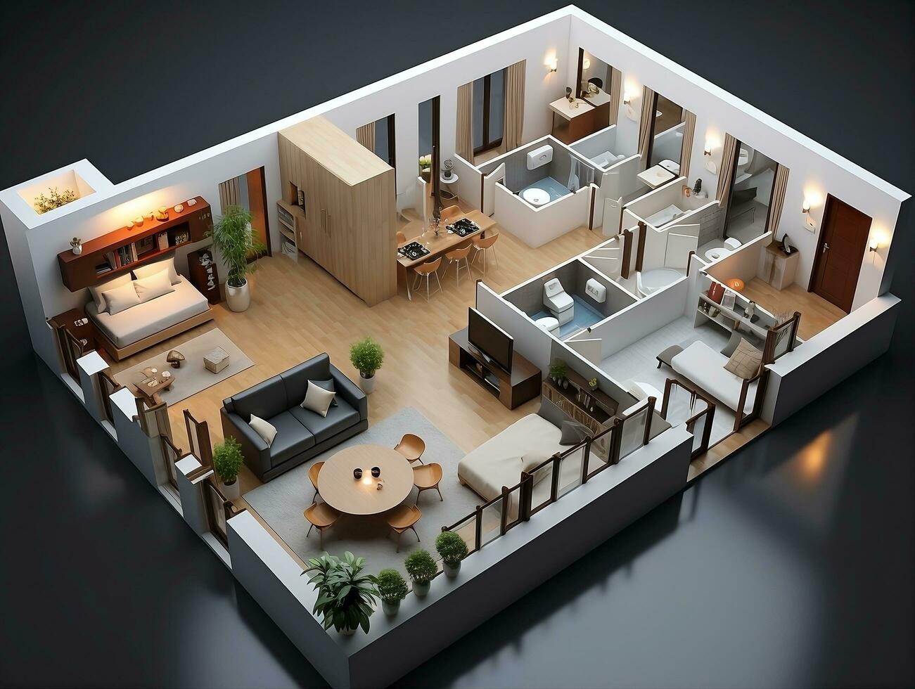 ai gegenereerd 3d verdieping plan van een Open concept leven appartement lay-out huis ai generatief foto