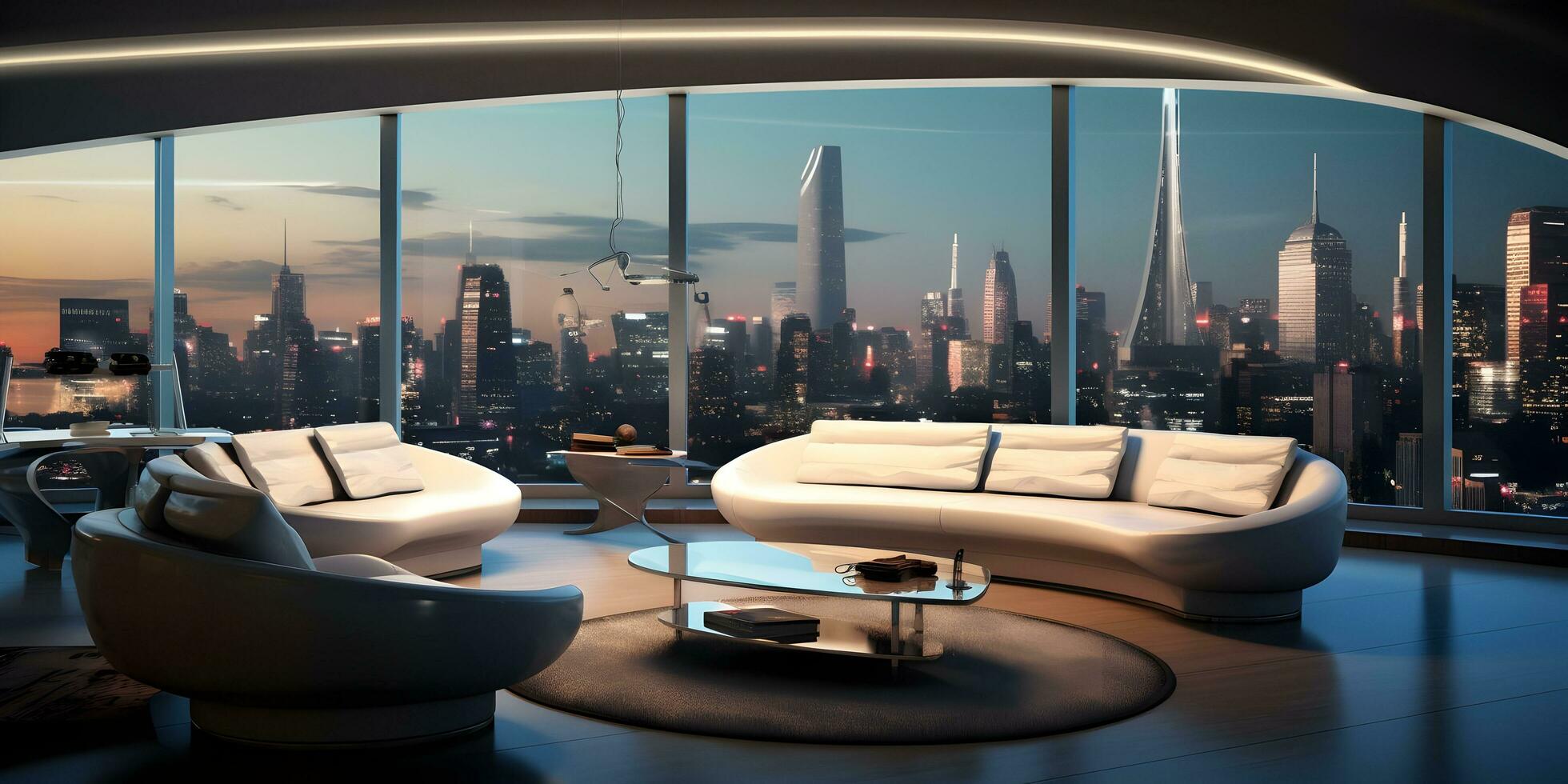 ai gegenereerd futuristische horizon huis decor met verdieping naar plafond ramen en stadsgezicht keer bekeken ai generatief foto