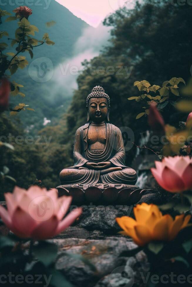 generatief ai, Boeddha standbeeld in de bergen, met lotus bloemen, natuurlijk verlichting, natuurlijk milieu foto