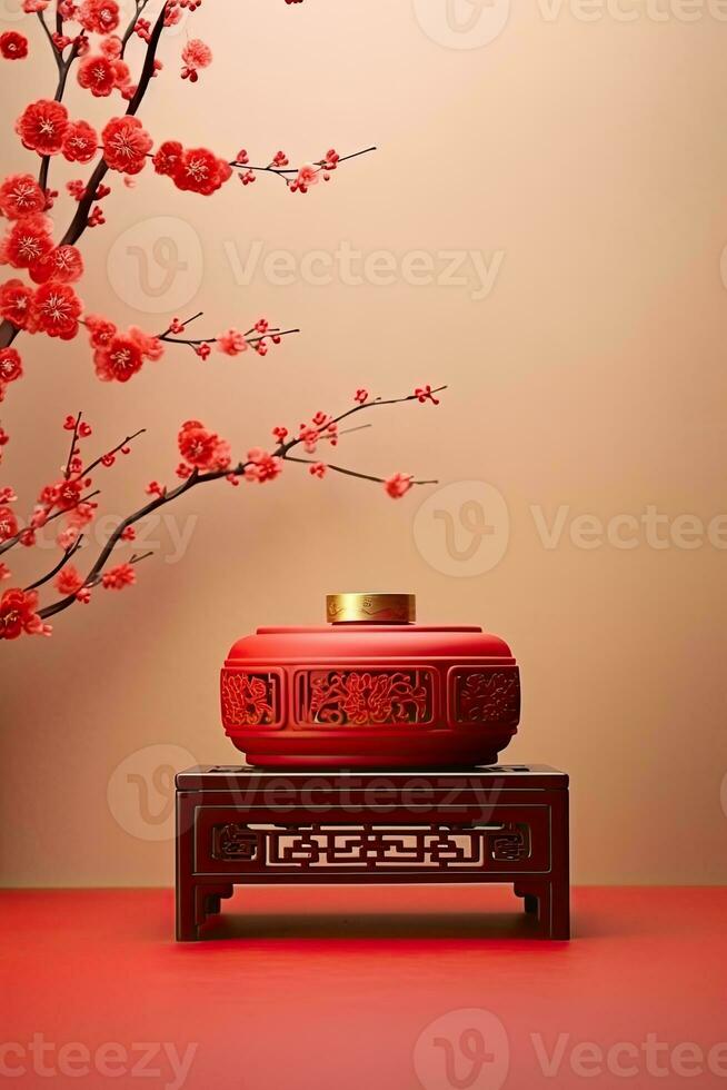 generatief ai, rood podium met lantaarn Chinese nieuw jaar en geschenk doos Product staan podium achtergrond voetstuk 3d foto